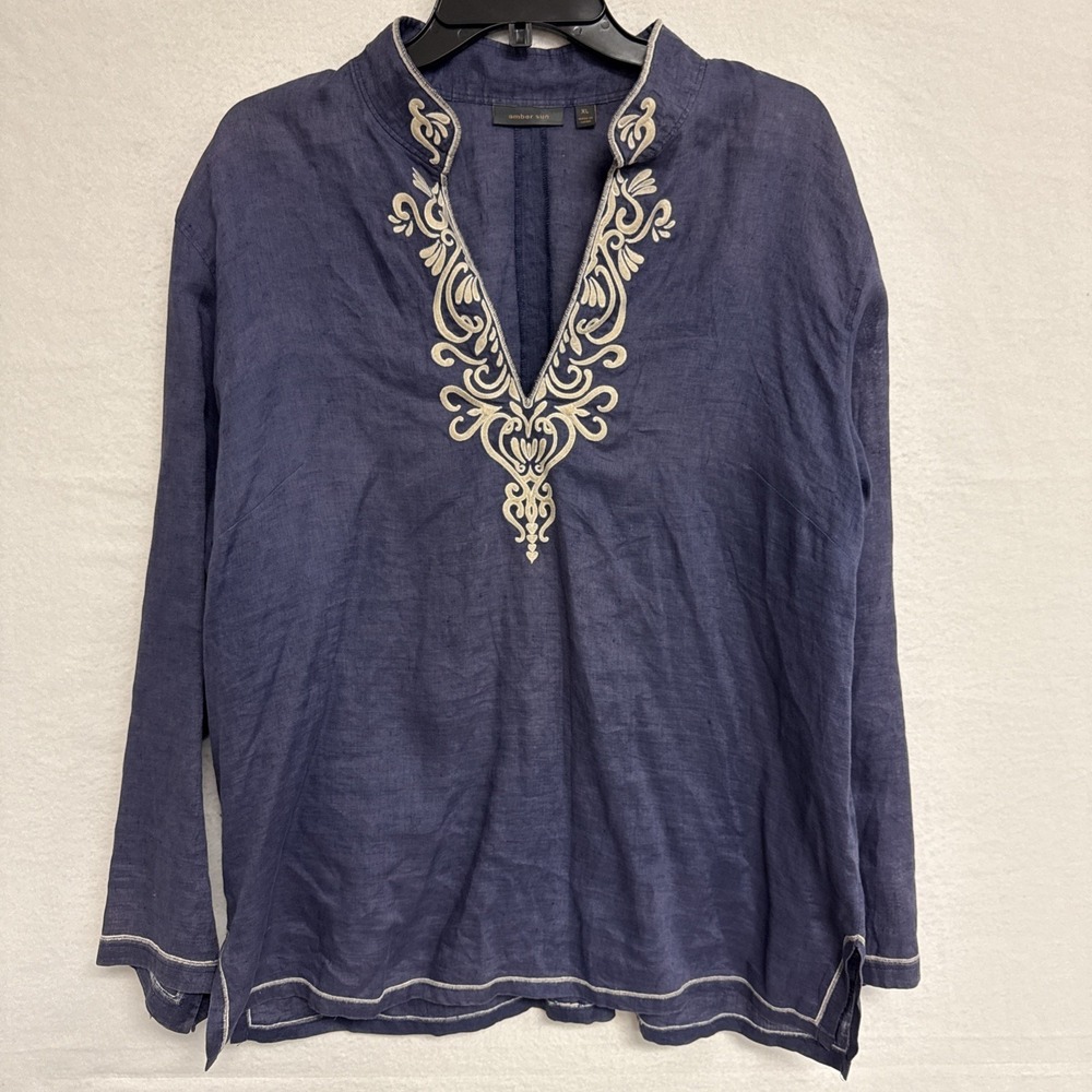 amber sun 100% Linen Tunic Top Blue W/Gray Embroidered Neck Machine Washable